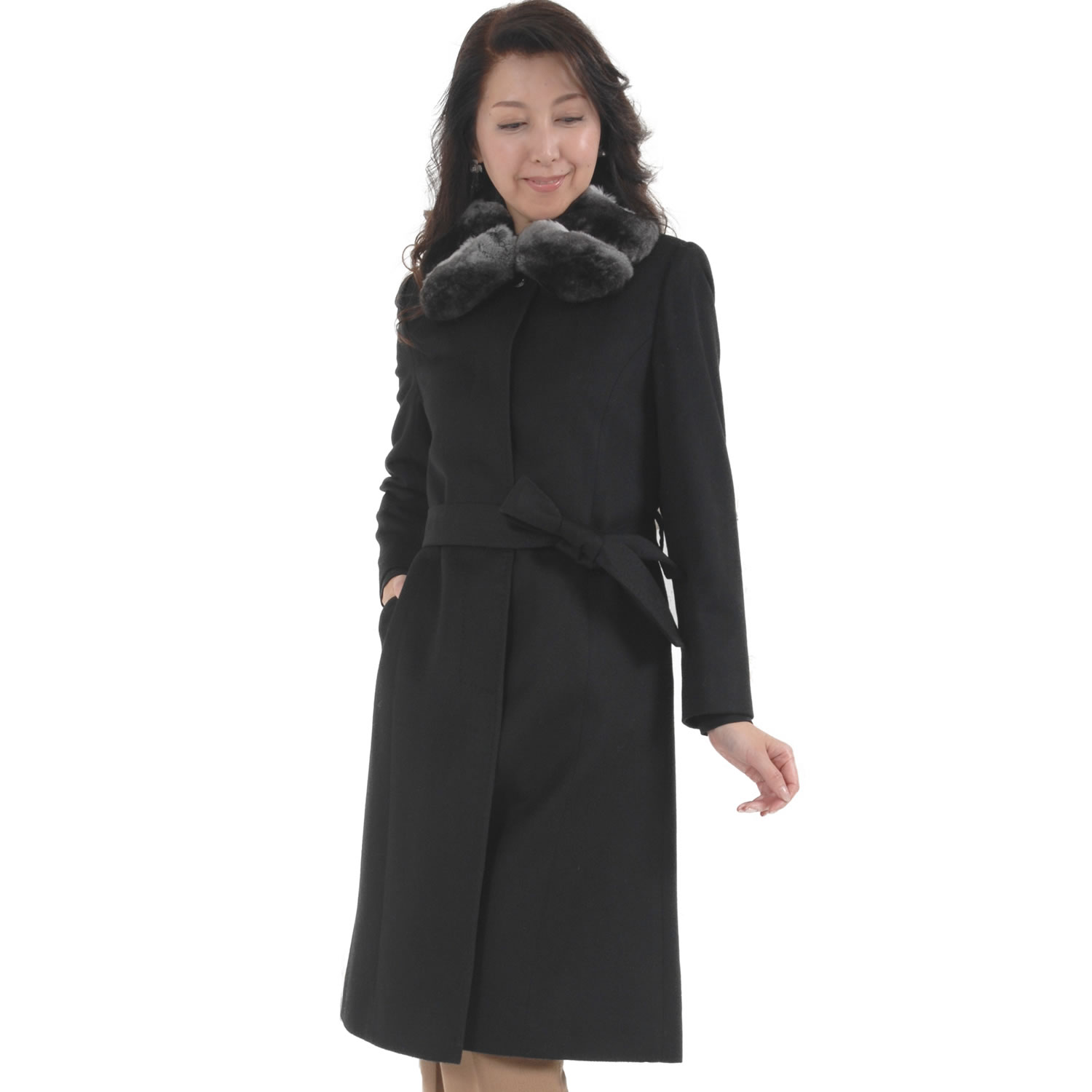 カシミヤコート カシミヤ100% コート チンチラトリム ファー ファー襟