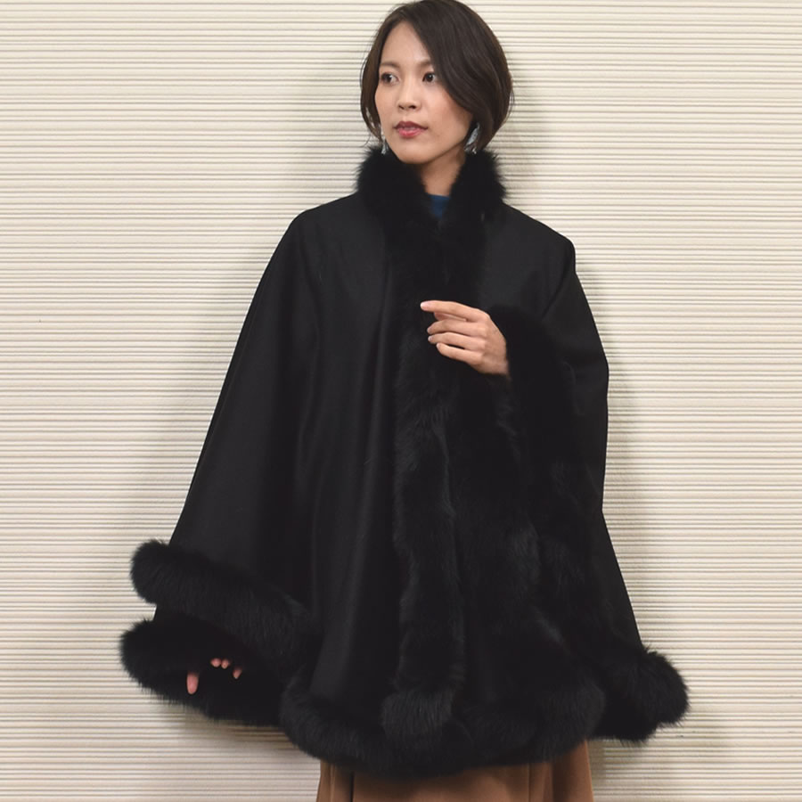 ポンチョ ケープ 日本製 カシミヤ100% 大判フォックス ファー付き