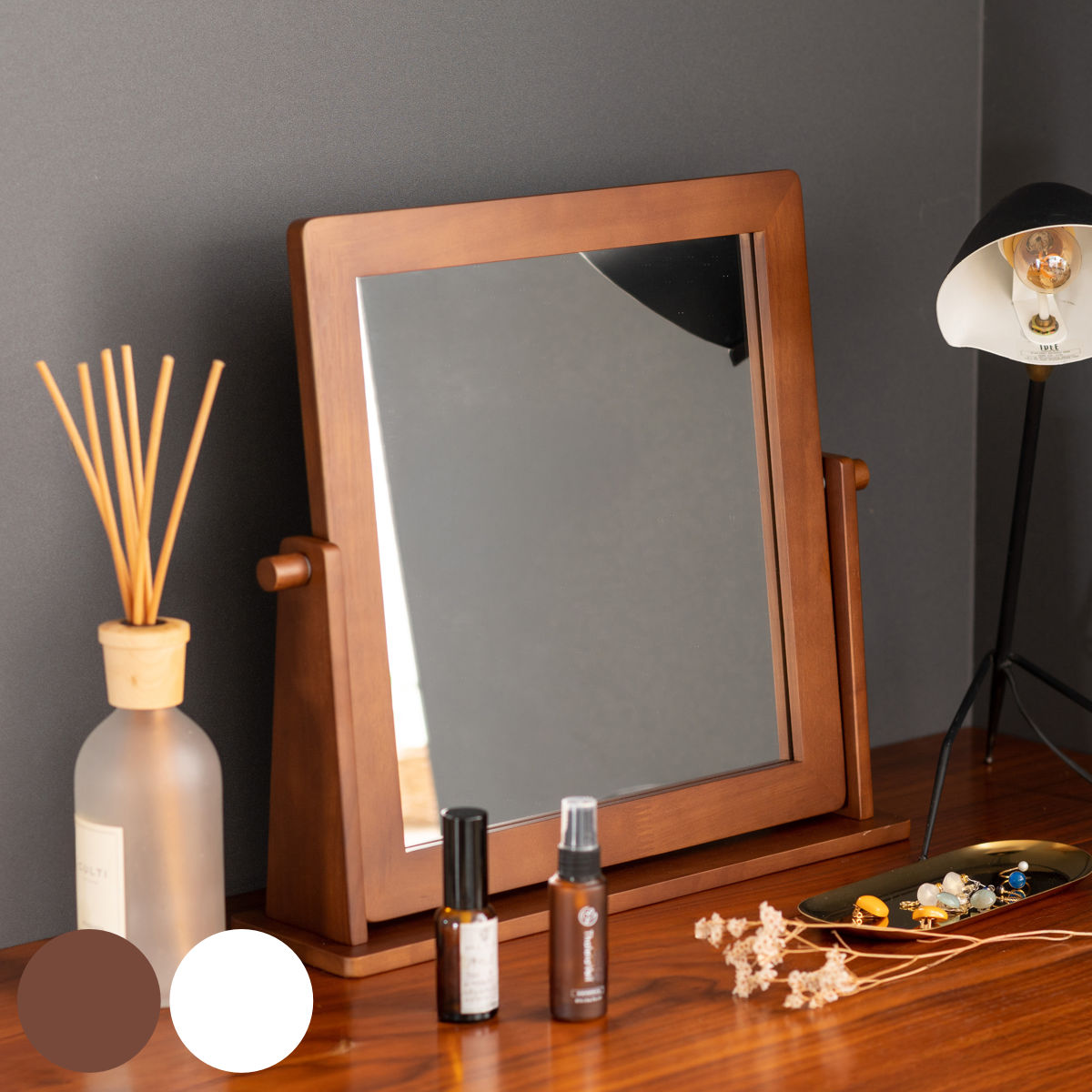 塩川光明堂 スタンドミラー 高さ41cm 卓上 木製フレーム （ 卓上ミラー