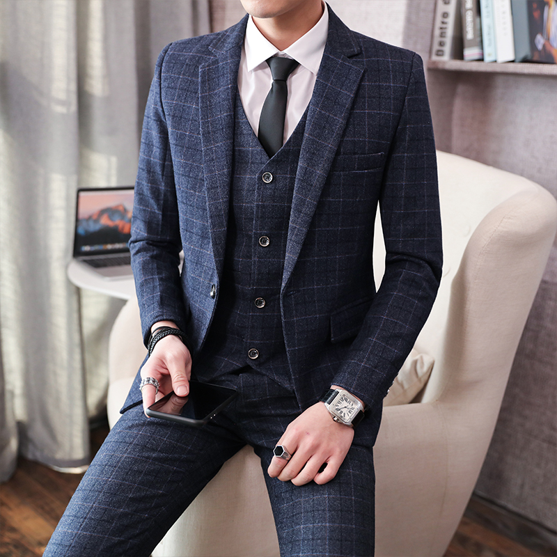 フォーマルスーツ メンズ チェック柄 ビジネススーツ ベスト付き 通気