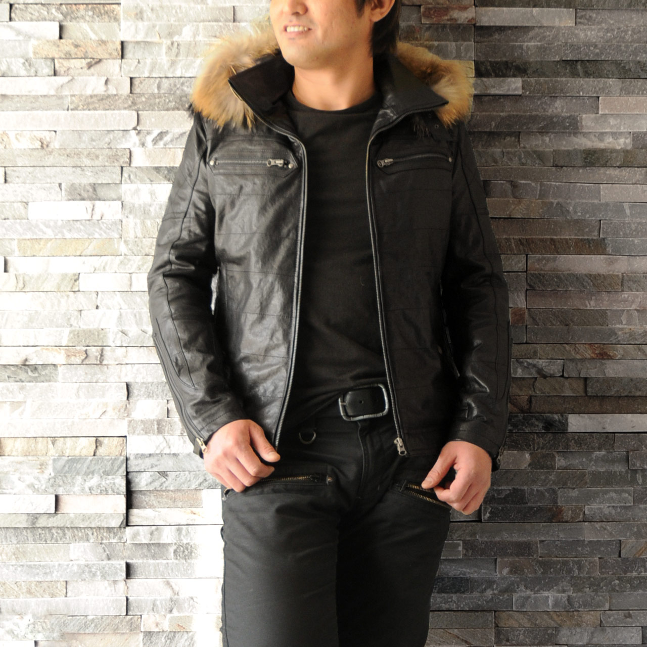 sankyo shokai（三京商会） ラム レザージャケット フード付 ラクーン