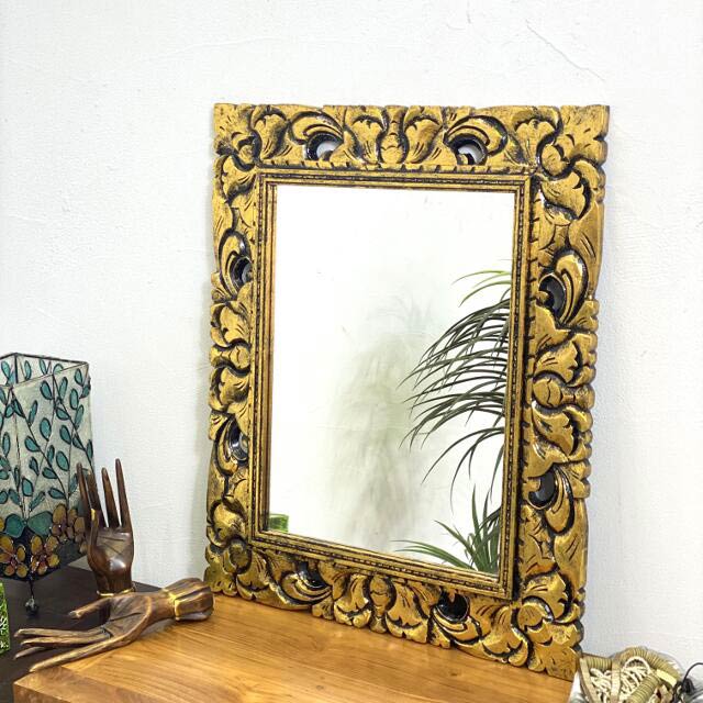 鏡 壁掛け 木製フレーム 2色 55×65cm シルバー ゴールド 透かし彫り