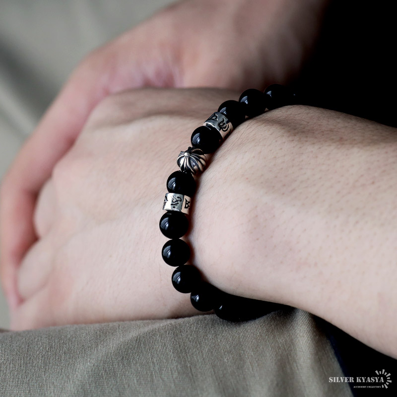 シルバー925 天然石 オニキスブレスレット クロス 梵字 十字架