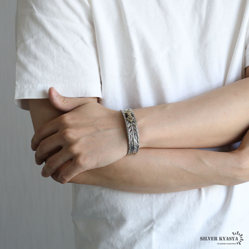 シルバー925 六字真言バングル フェザーバングル メンズ 三鈷杵 五鈷杵