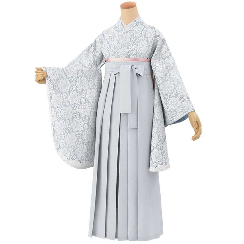 卒業式袴セット レース着物 くすみカラーコーデ 二尺袖 ショート丈着物