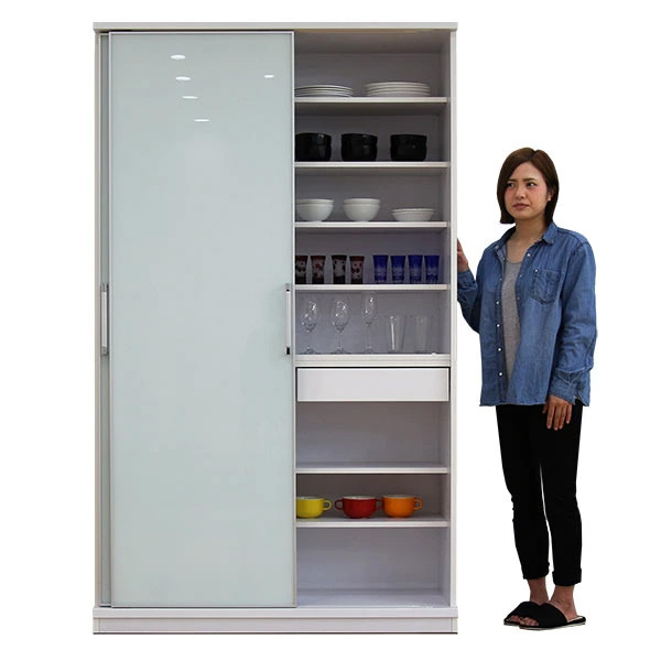 食器棚 スライド扉 キッチンボード 120 大川家具 完成品 ガラス扉