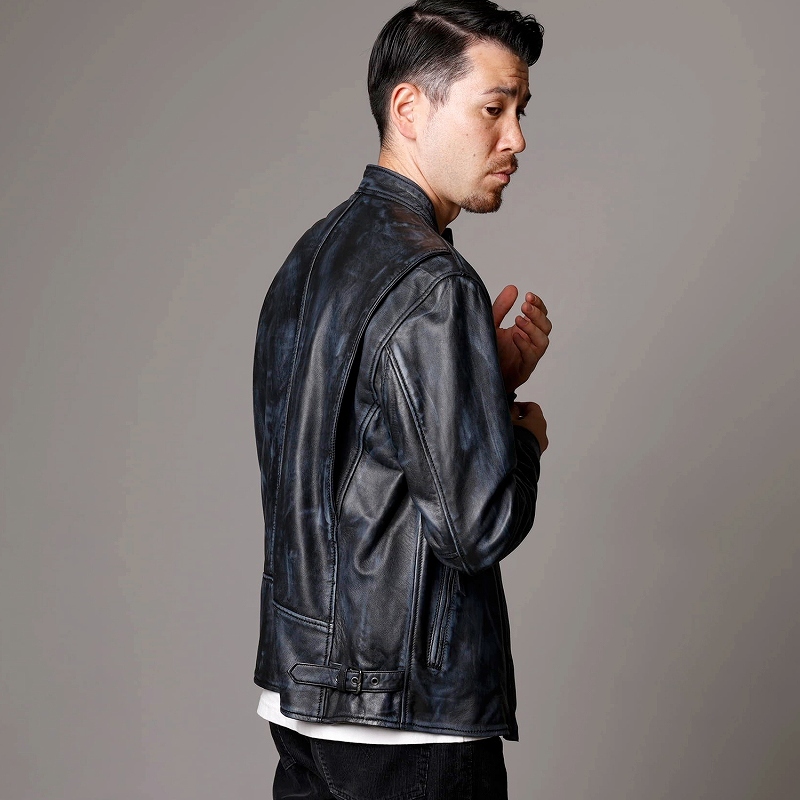 本革 ラムレザー】ネイビー シングルライダースジャケット メンズ