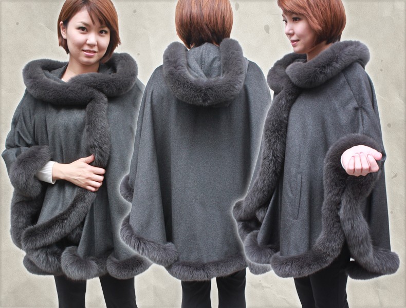 カシミヤ100% ファーケープ FOXフード付き ファーマント レディース