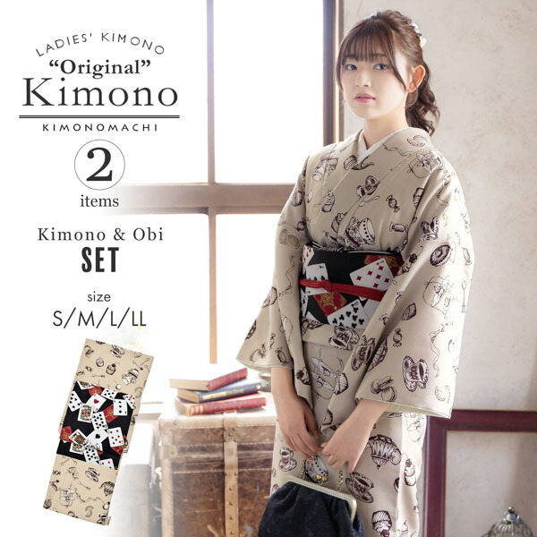 KIMONOMACHI 洗える着物 セット「袷着物：アフタヌーンティー ベージュ