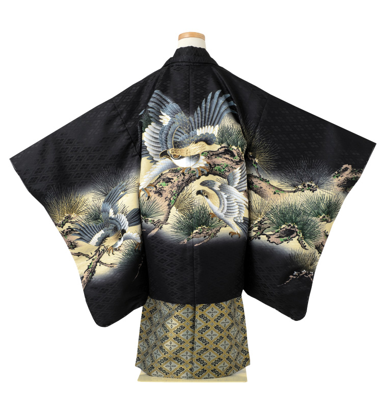 七五三 着物 男の子 五歳 13点フルセット 風 鷹 松 黒 ブラック 羽織袴
