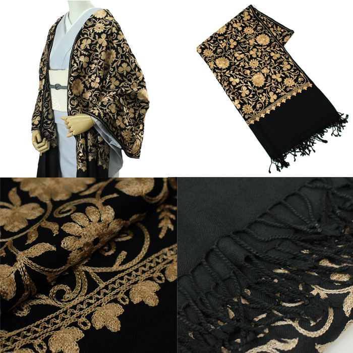 カシミール 刺繍 ショール 着物 洋服 和洋 インド ウール100％ 大判