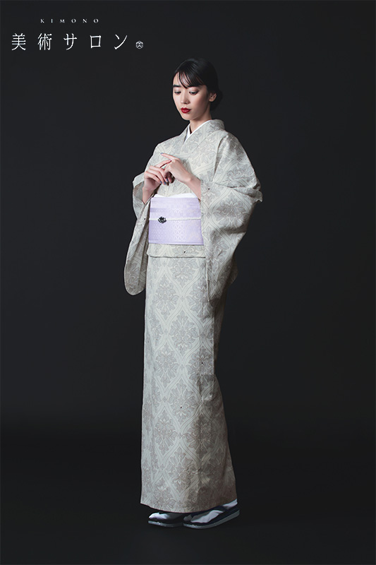 浴衣 美術サロン ちぢみ 知多木綿 綿麻 ダマスク オフ白 ライトグレー