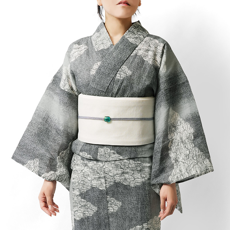 浴衣 本麻 近江ちぢみ 瑞雲 グレー レディース 吉兆文様 古典柄 シック