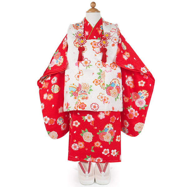 七五三 女の子 3歳 着物 正絹 被布 7点 セット 赤色 鞠 菊 桜 三ツ身