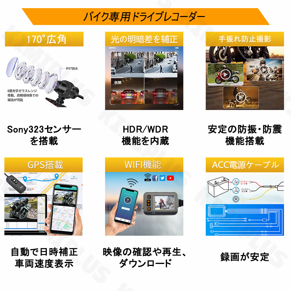 バイク用 ドライブレコーダー 前後カメラ 1080P WiFi GPS IP67防水