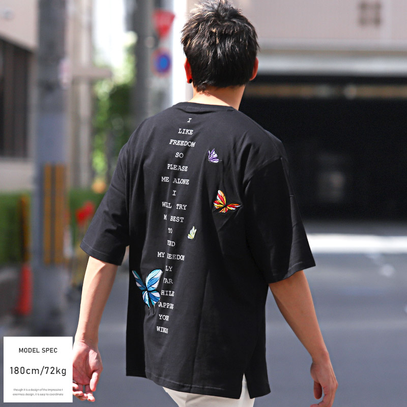 セール Tシャツ メンズ 半袖 ビッグシルエット 刺繍 蝶 バタフライ