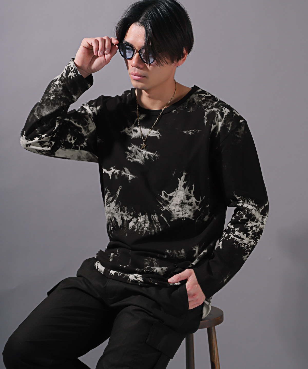 ロンT メンズ 長袖Tシャツ タイダイ染め ミニ裏毛 ロング丈 ダメージ