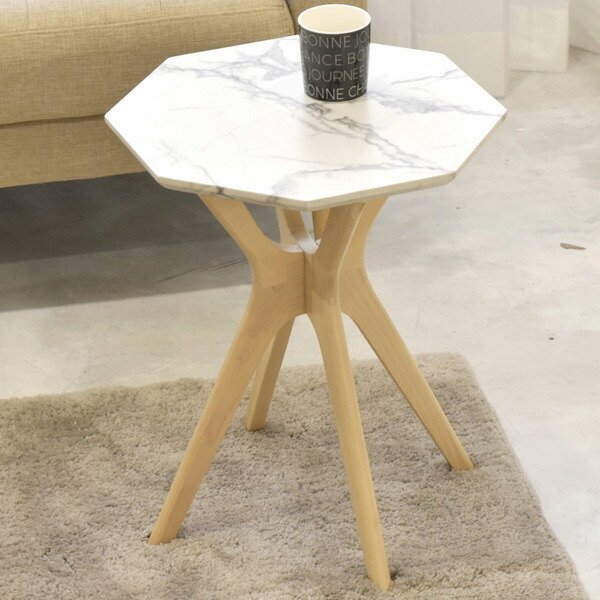 サイドテーブル 八角形 大理石調棚 天然木フレーム モダンデザイン