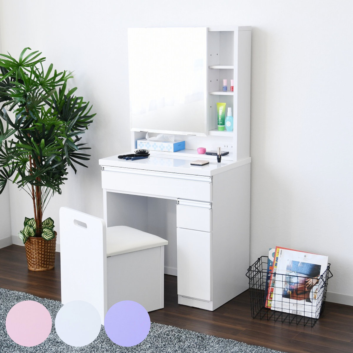 ドレッサー 幅65cm 鏡台 一面鏡 ローズ （ スツール付き コンセント