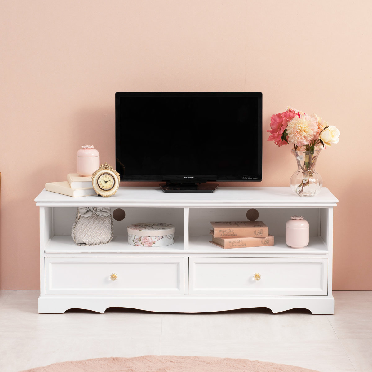 テレビ台 クリスタル調取っ手 引き出し 2杯 幅110cm （ 白家具