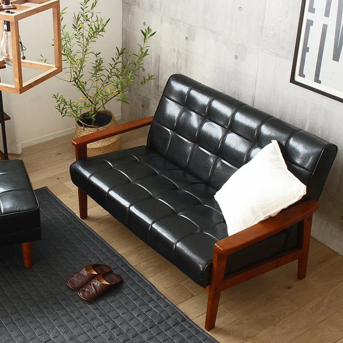 岩附 ソファ 椅子 レトロモダン調 木製フレーム 二人掛け用 合皮製