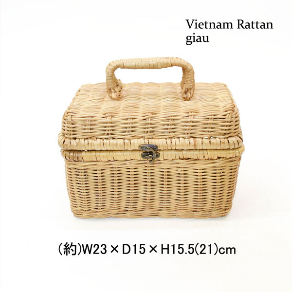 ラタン製 ツールバスケット 蓋付き ピクニック 四角 籐籠 : ラタン