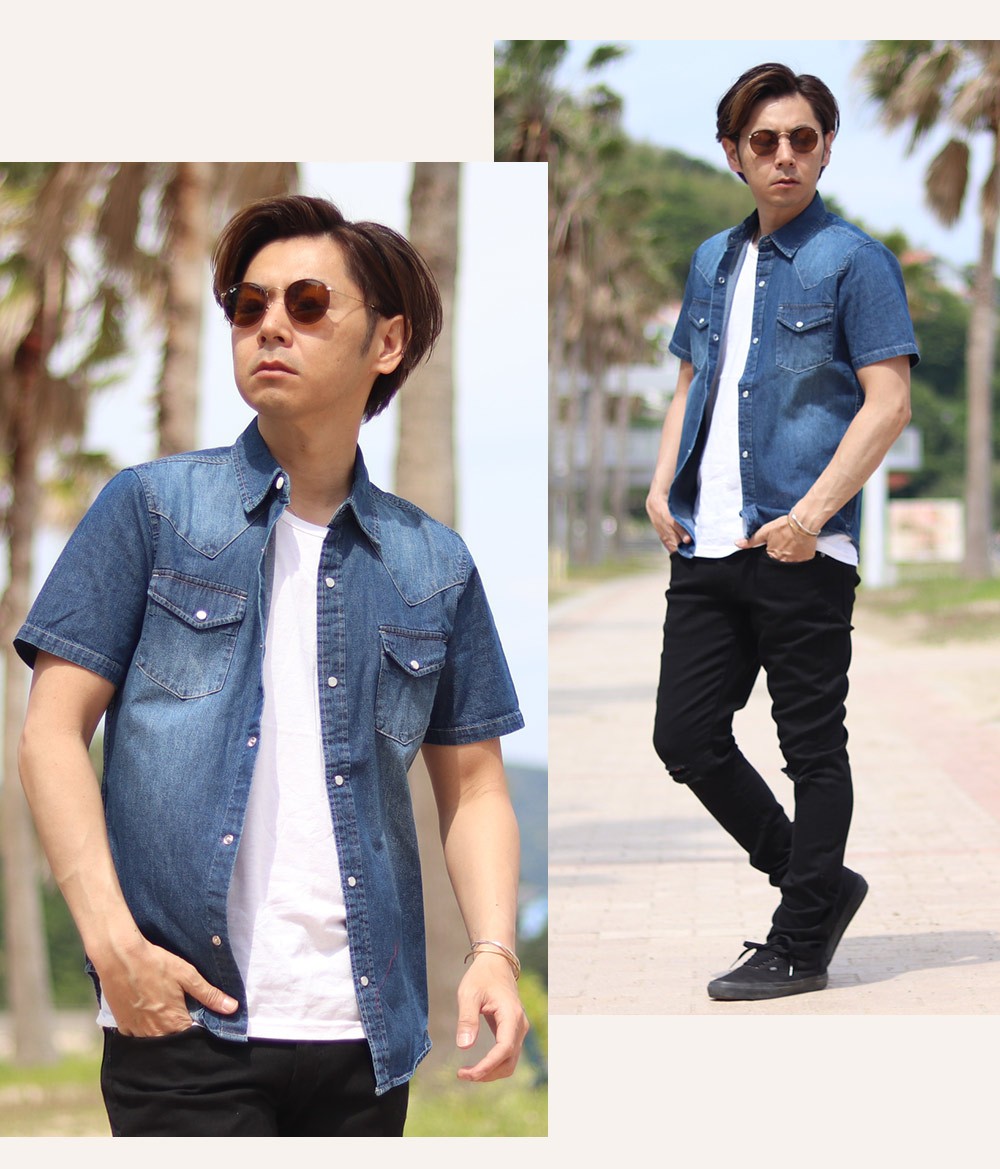 デニムシャツ 半袖 インディゴ デニムウエスタンシャツ メンズ