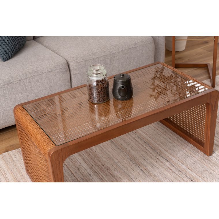 センターテーブル ローテーブル ガラス天板 ラタン 籐 モダン 天然木