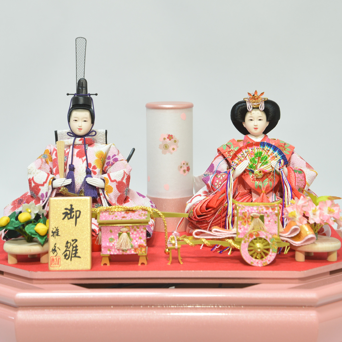 雛人形 ケース飾り 親王飾り ピンク 前面アクリルケース 小芥子親王