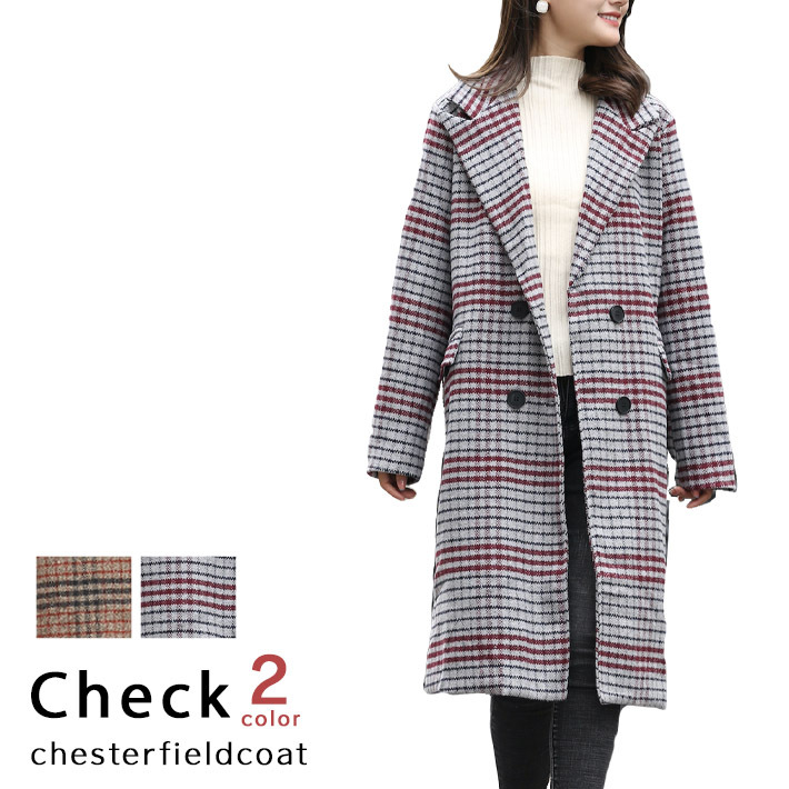 チェスターコート レディース ロング ツイード オーバー チェック