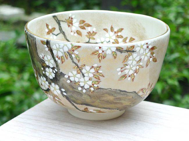 茶道具 清水焼 色絵 波松絵 茶碗 在印(A603) 茶道具 清水焼 色絵 波松