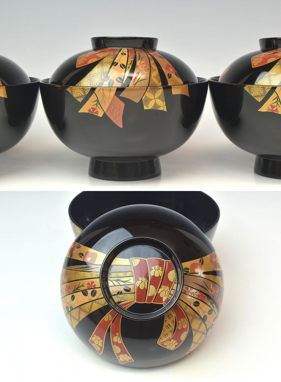 趣楽】 高級漆器 輪島塗 熨斗蒔絵吸物椀五客 共箱 H1601 : 趣楽堂