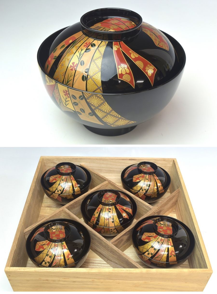 趣楽】 高級漆器 輪島塗 熨斗蒔絵吸物椀五客 共箱 H1601 : 趣楽堂