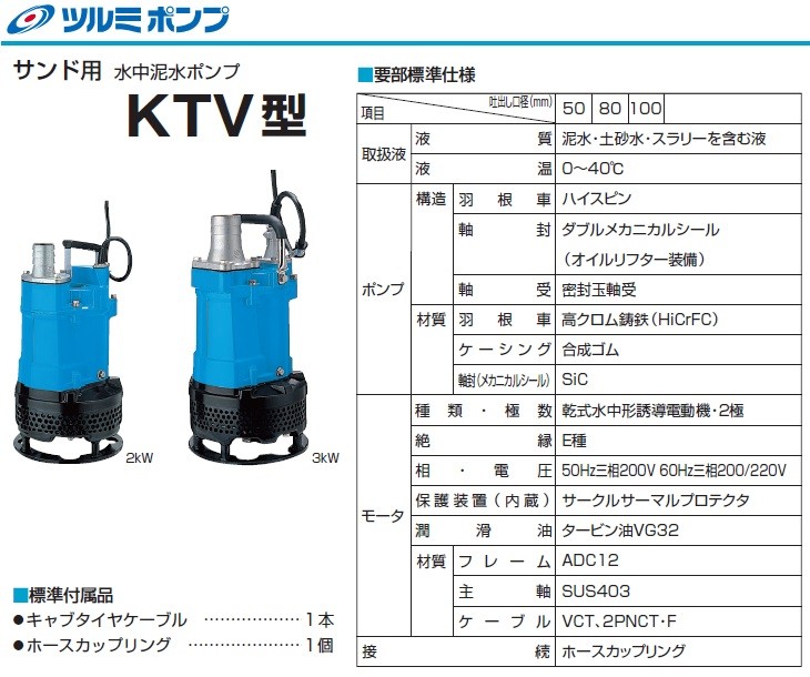 ツルミポンプ 水中ポンプ 業務用 汚泥用 工事用ポンプ KTV2-50 200V