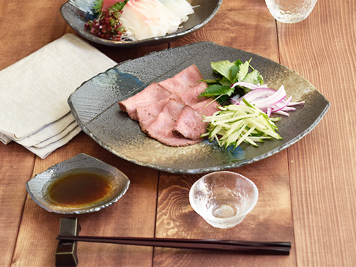 爆買和食器 大皿 変形菱型 黒海 お皿 プレート 大皿 盛り皿 ワン