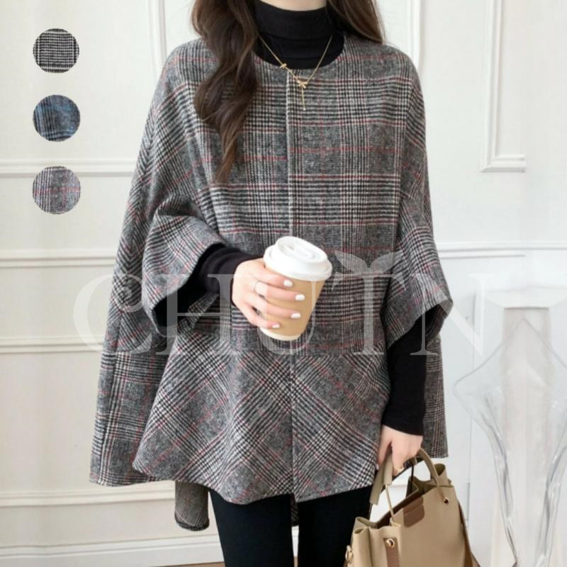 春ポンチョコート レディース ケープコート 秋 冬 アウター チェック柄