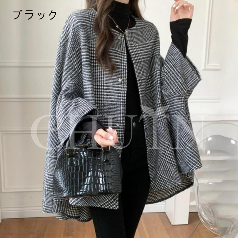 春ポンチョコート レディース ケープコート 秋 冬 アウター チェック柄