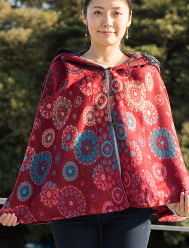 ポンチョ 花柄 起毛 ふわふわ フード付き花柄ふわふわポンチョ