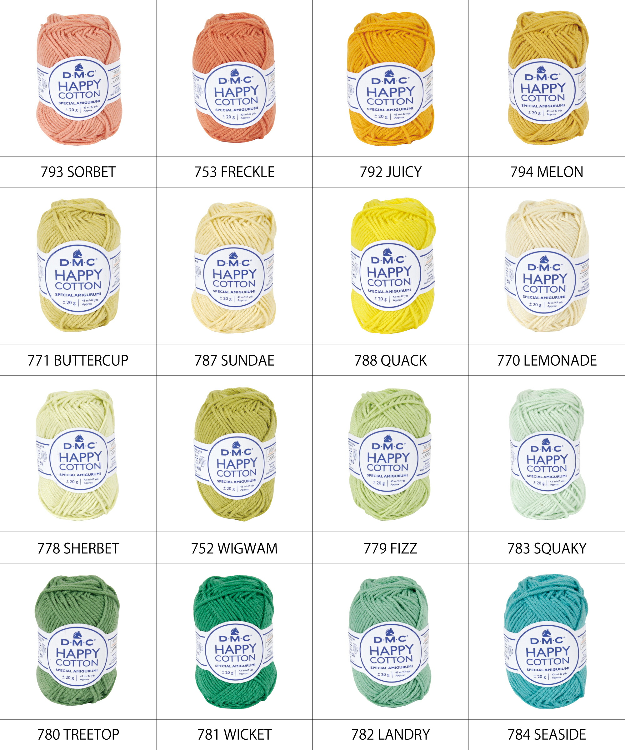 DMC HAPPY COTTON ハッピーコットン 392 col.793~784 色見本の中段2段