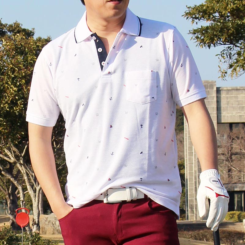 ポロシャツ ゴルフ メンズ ゴルフウェア マリン柄 ロゴ総柄 速乾ドライ