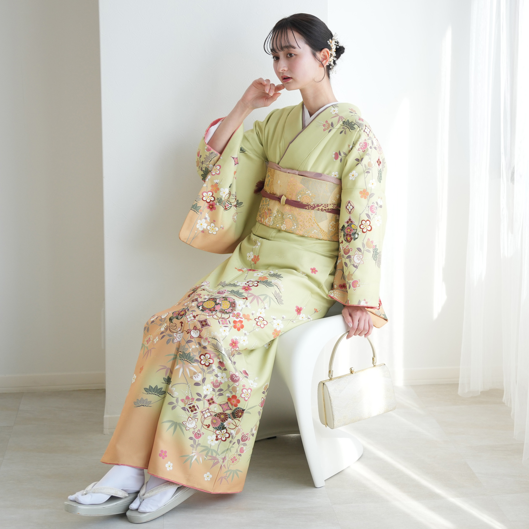 訪問着 レンタル おしゃれ 20点セット 着物 花 緑系 卒業式 卒園式