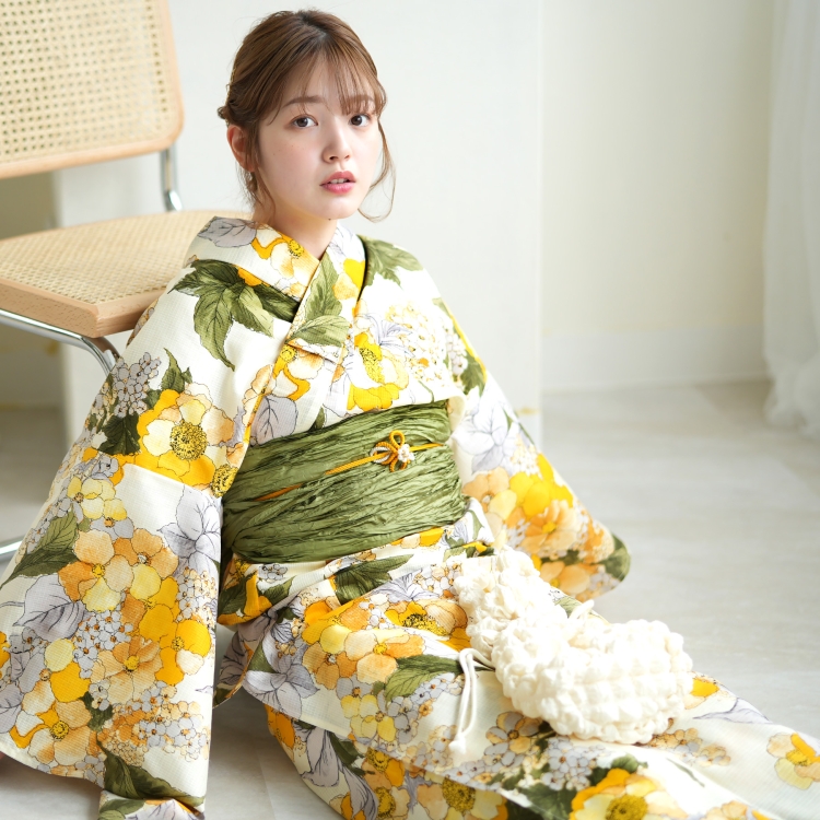 utatane 浴衣 レディース セット 3点セット 浴衣 帯 下駄 黄色 緑 花