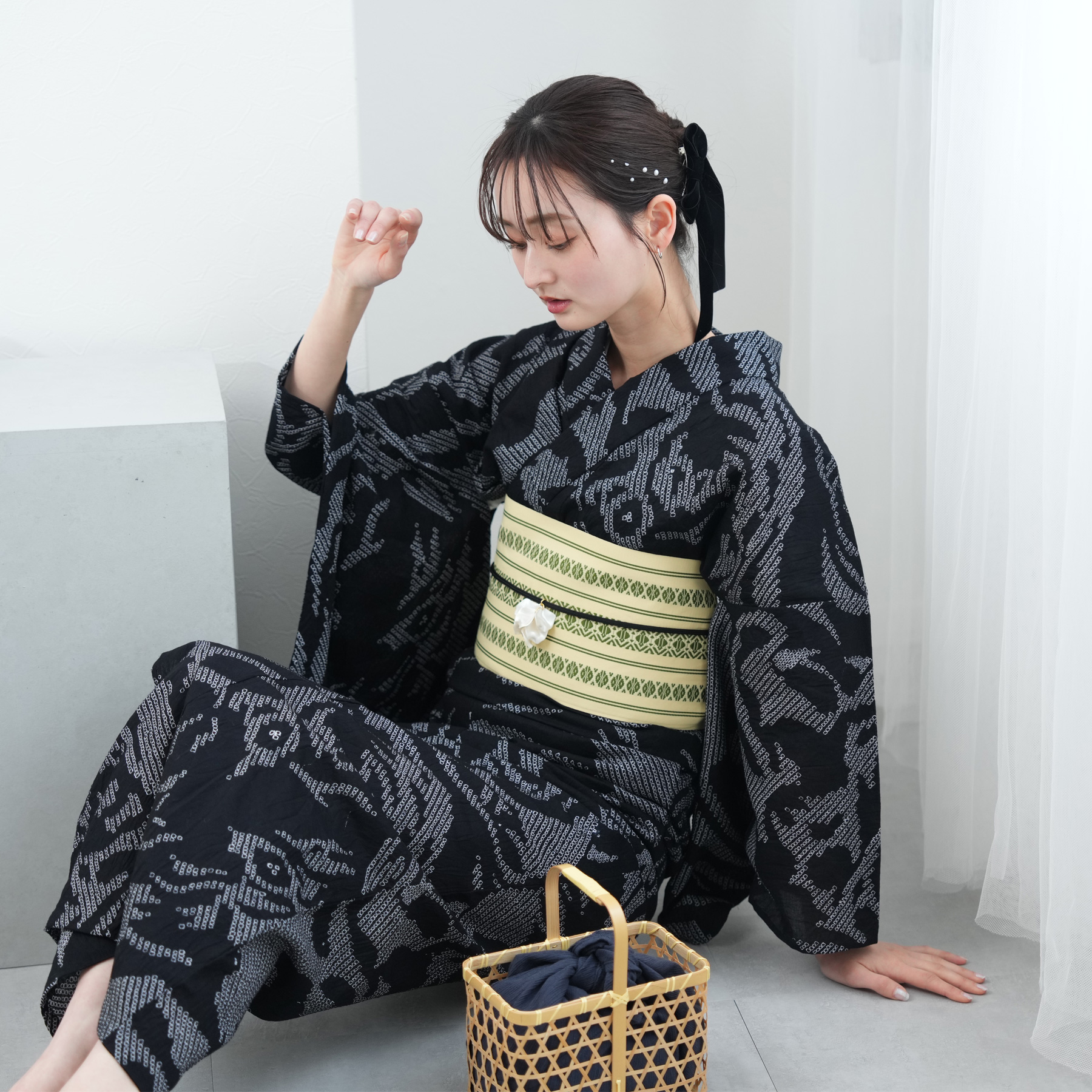 utatane 浴衣 レディース セット 有松絞り 浴衣3点セット 黒地に柳虎
