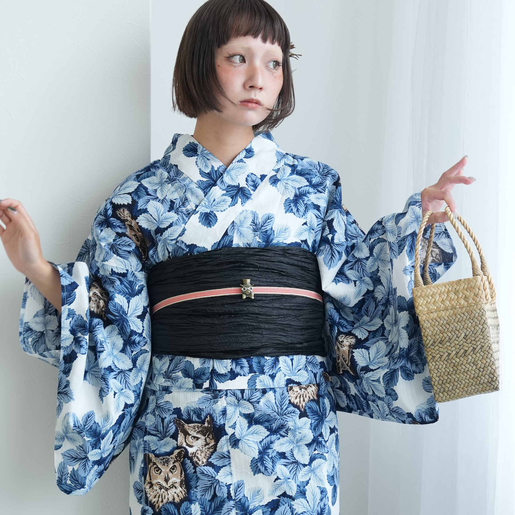 maru × utatane 浴衣3点セット (浴衣/帯/下駄) ほぐし麻の葉としだれ藤