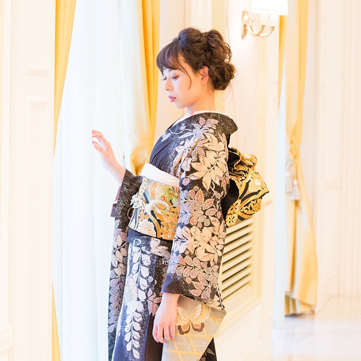 高級正絹 振袖レンタル 送料無料 FS-011 黒系 振袖 成人式 レンタル