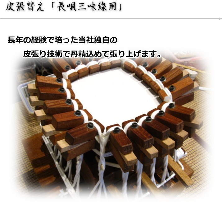 三味線・皮張り替え 長唄三味線 裏面（上）四つ皮・張替え : 和楽器