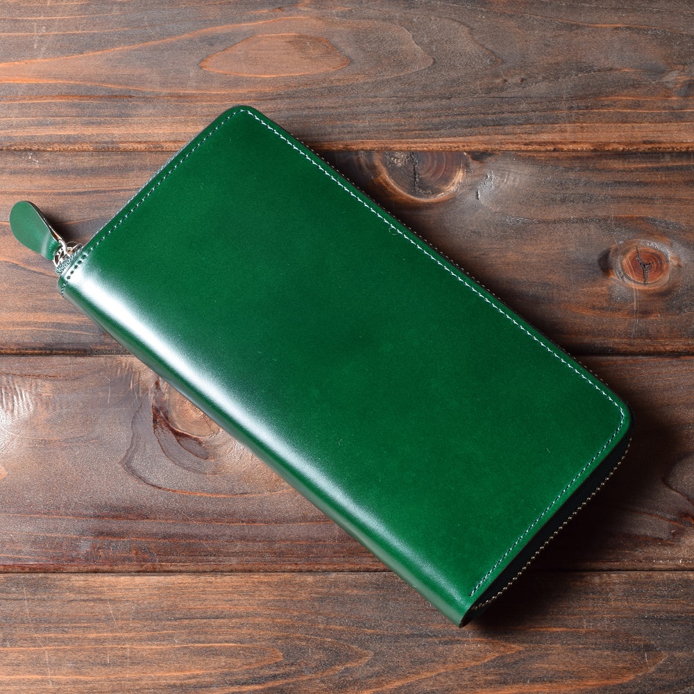コードバン 長財布 ラウンドファスナー メンズ 日本製 グリーン 緑 本