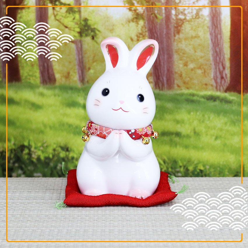 大阪長生堂 うさぎ ウサギ 兎 卯 置物 陶器 彩絵ふく福お願いうさぎ