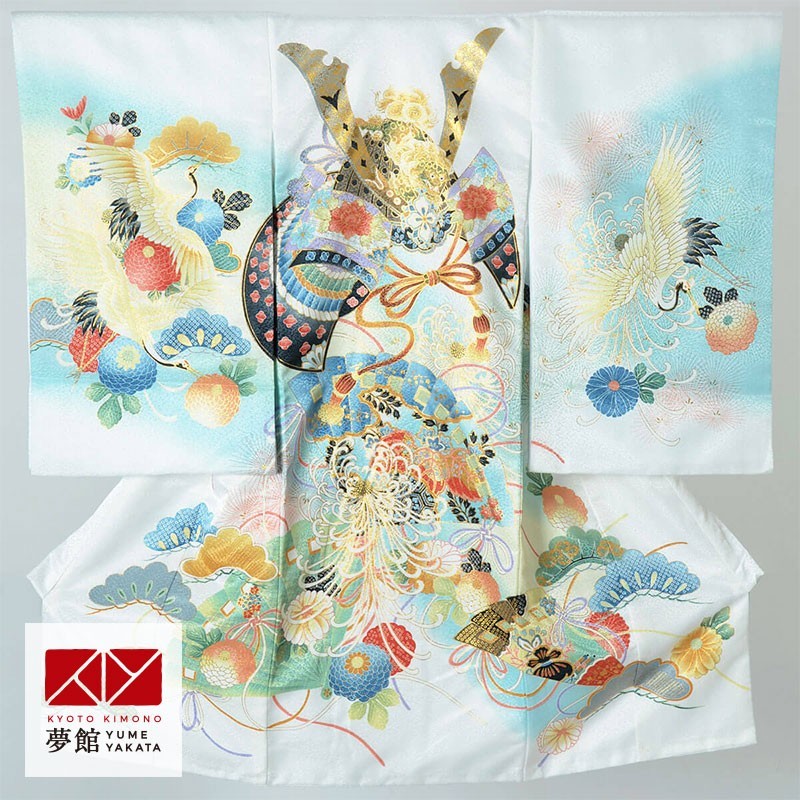 産着 お宮参り 着物 レンタル 男の子 白 兜に緋扇線菊 のしめ 祝い着