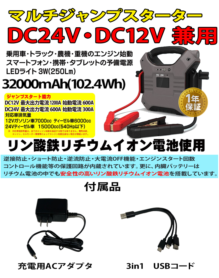 マルチジャンプスターター 12V・24V兼用 リン酸鉄リチウムイオン USB